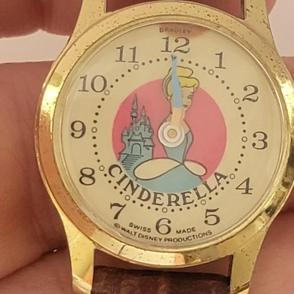 Bradley Cinderella Girls Watch Gold Case Cream Dial Brown Leather Vintage Swiss